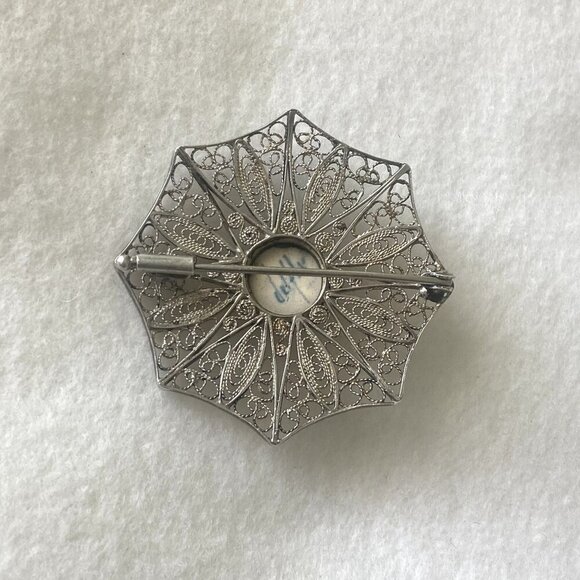 VTG Sterling Silver 925 1.71" Domed Signed Delft Filigree Spun Silver Brooch - Picture 3 of 16
